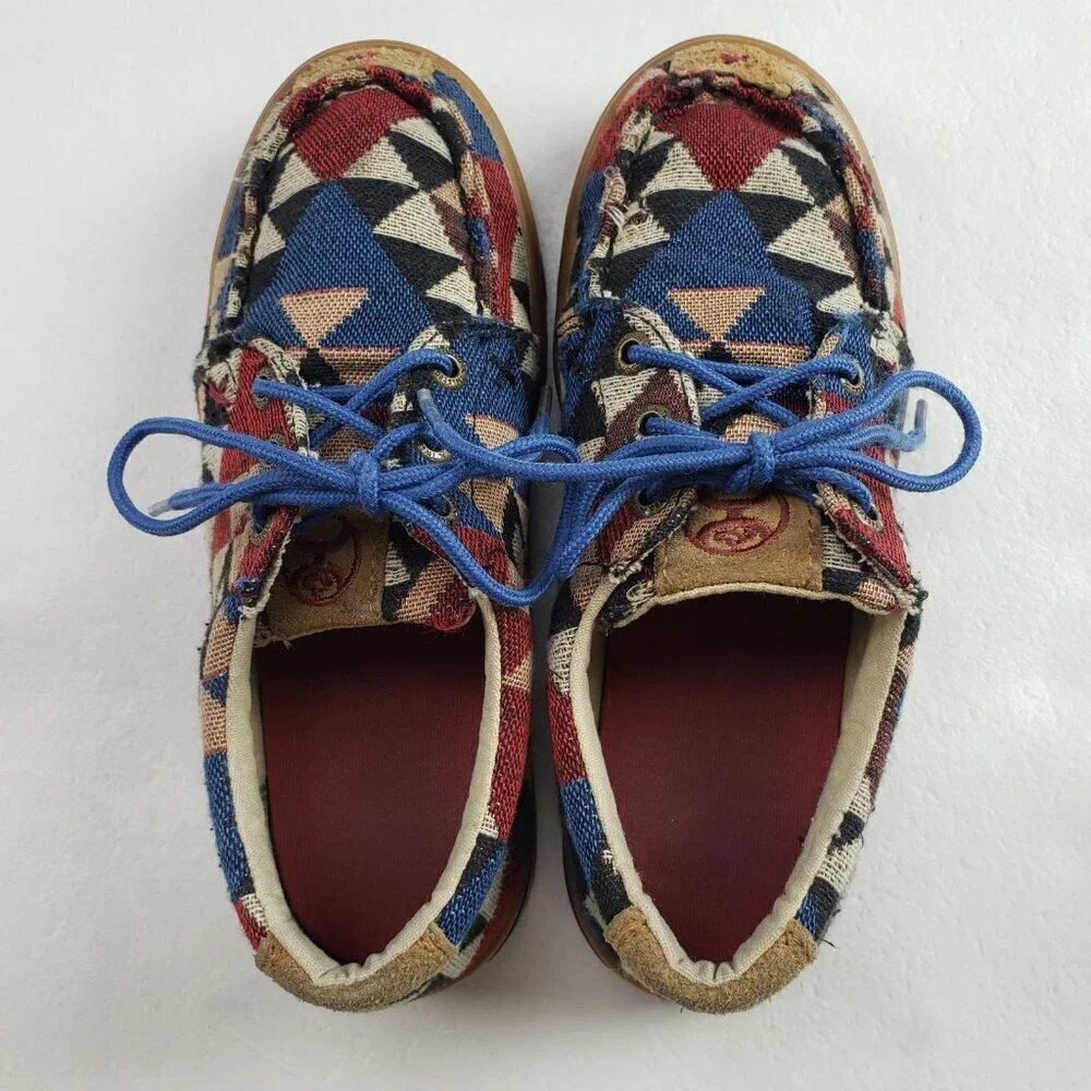 Twisted X Hooey Loper Shoe Kids 2 Blue Red Southwest Aztec Lace Up Moc Girl Boy